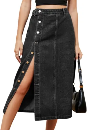Women's Casual High Waist Denim Skirt Washed Button Front Split Hem Raw Trim Pencil Jean Skirts