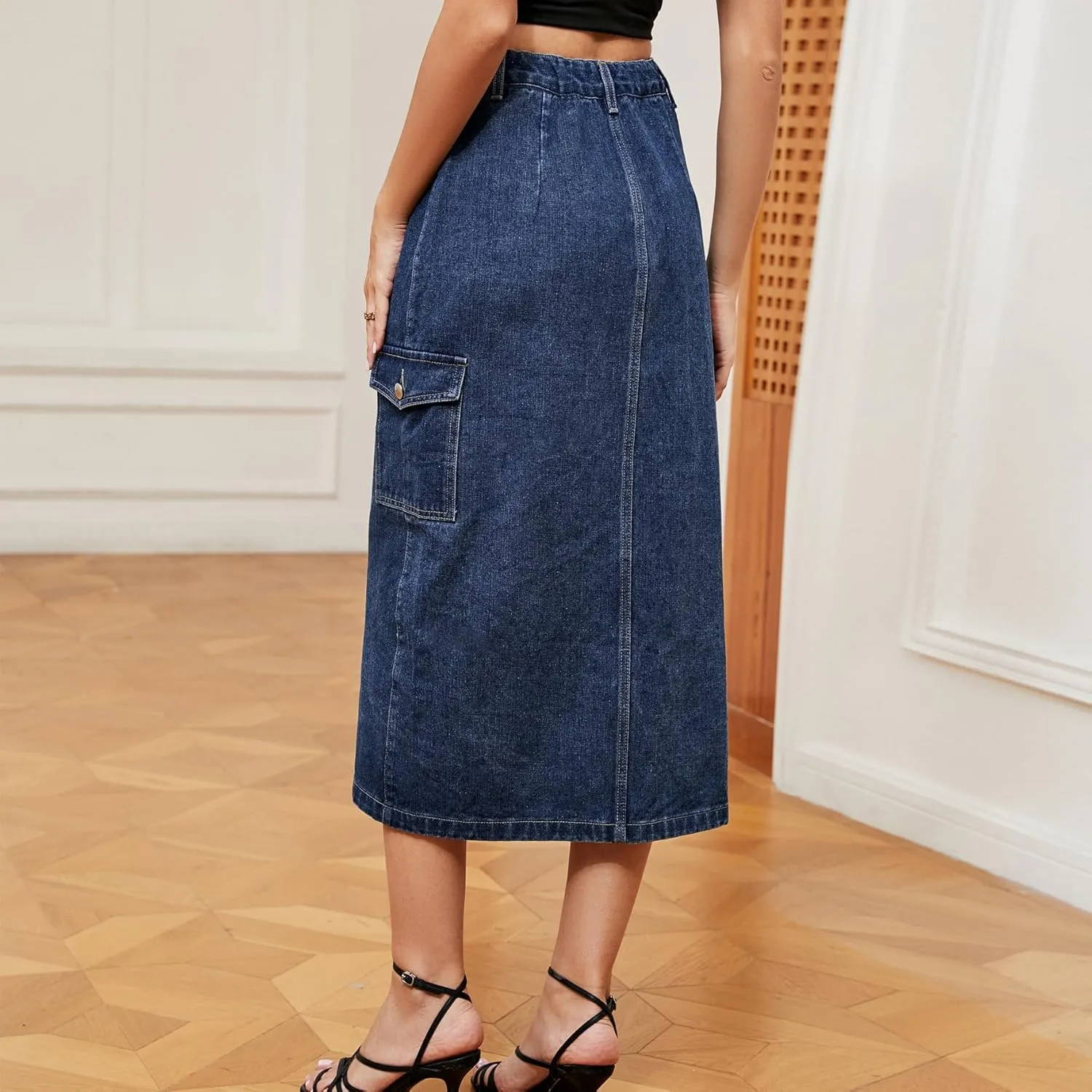 Women's Casual High Waist Denim Skirt Washed Button Front Split Hem Raw Trim Pencil Jean Skirts