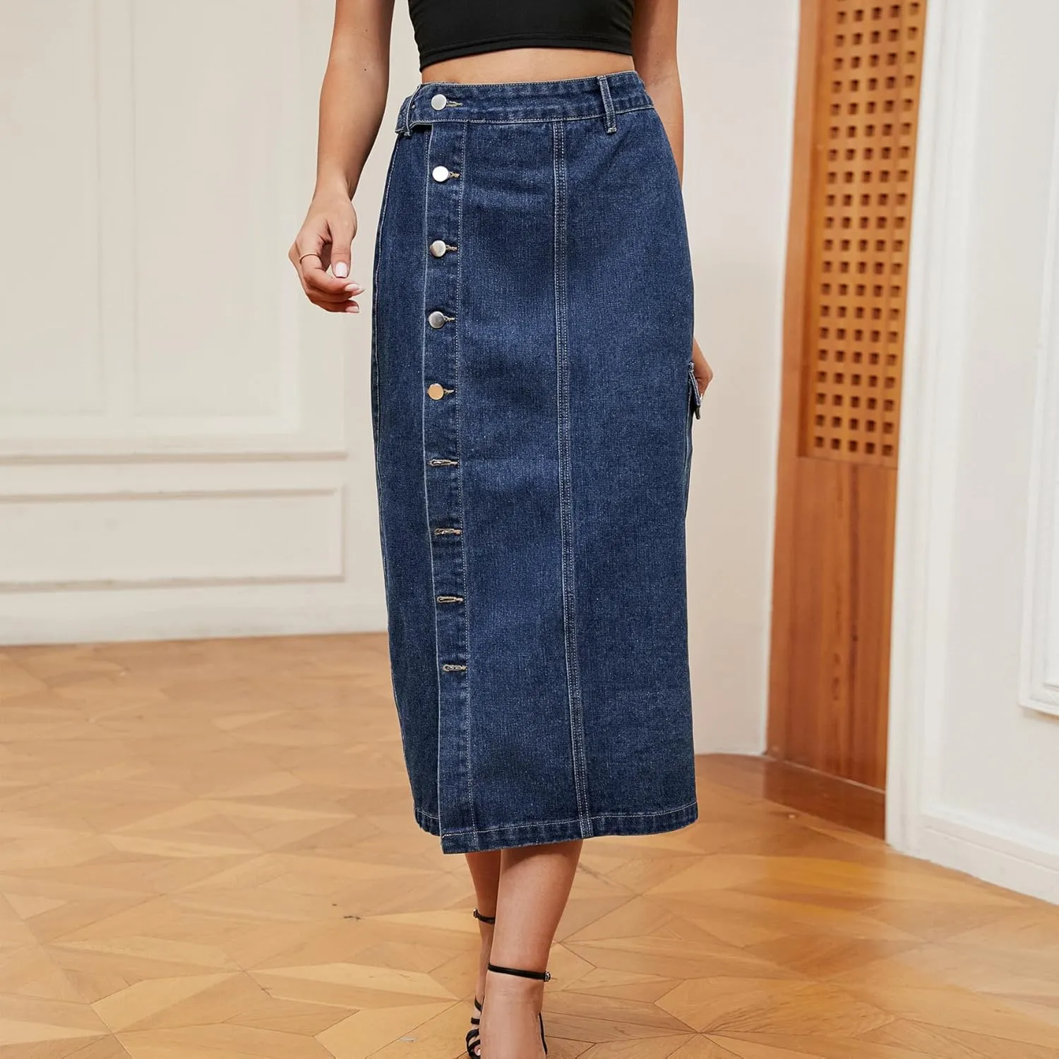 Women's Casual High Waist Denim Skirt Washed Button Front Split Hem Raw Trim Pencil Jean Skirts