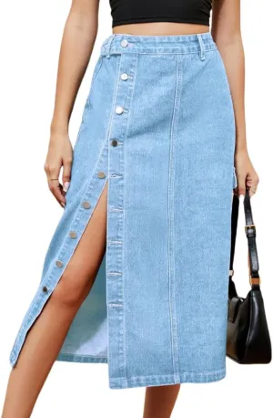 Women's Casual High Waist Denim Skirt Washed Button Front Split Hem Raw Trim Pencil Jean Skirts