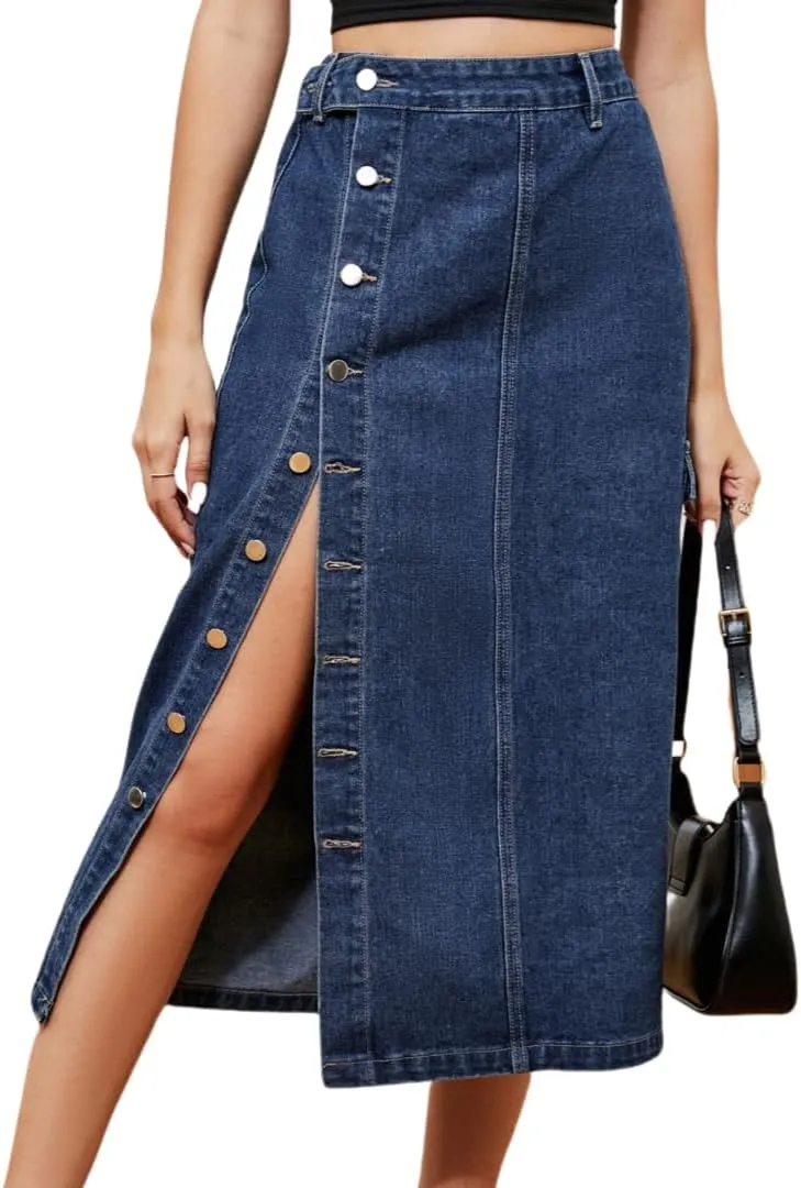 Women's Casual High Waist Denim Skirt Washed Button Front Split Hem Raw Trim Pencil Jean Skirts
