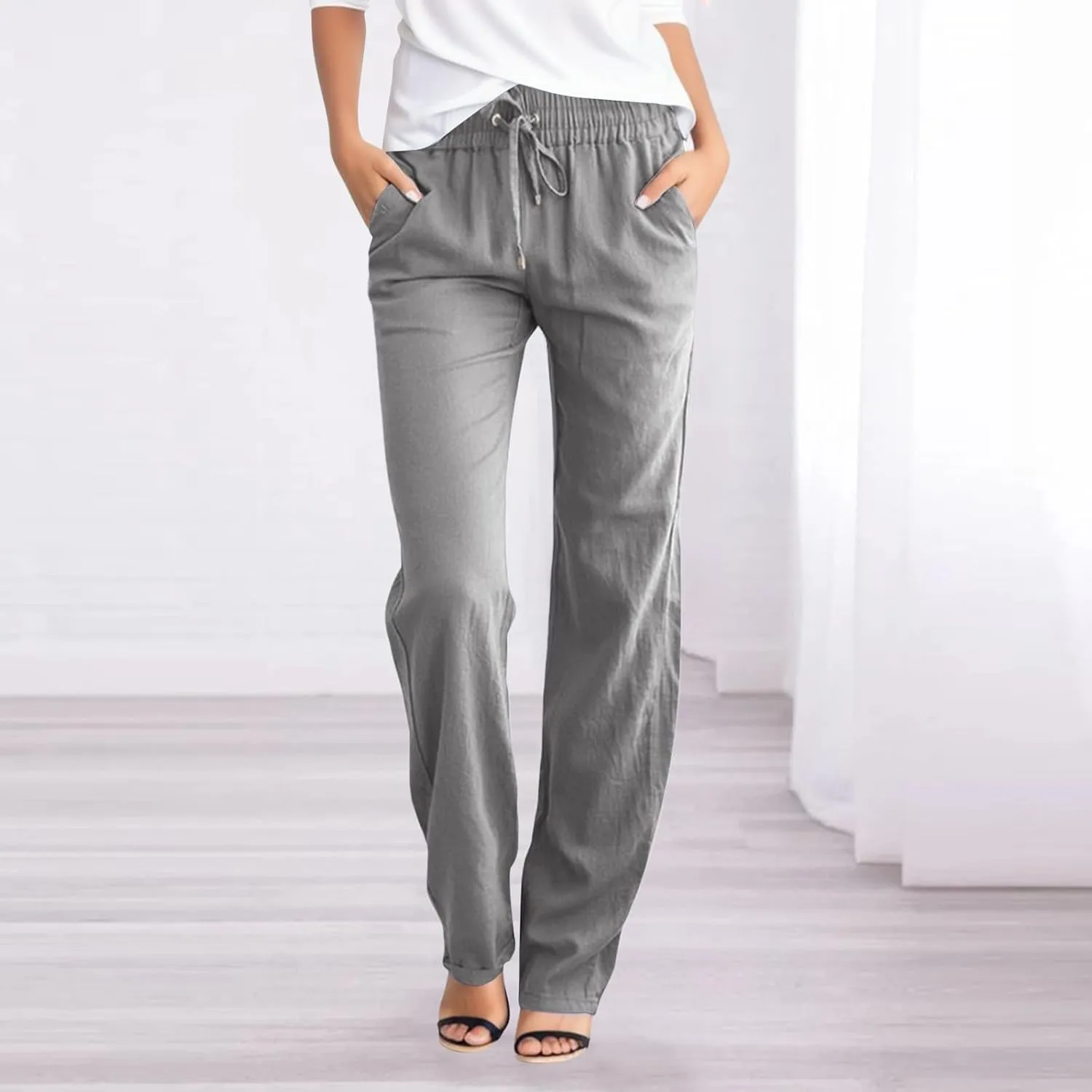 Womens Casual Linen High Waist Pants Drawstring Loose Fit Lightweight Summer Pants Trousers with Side Pockets