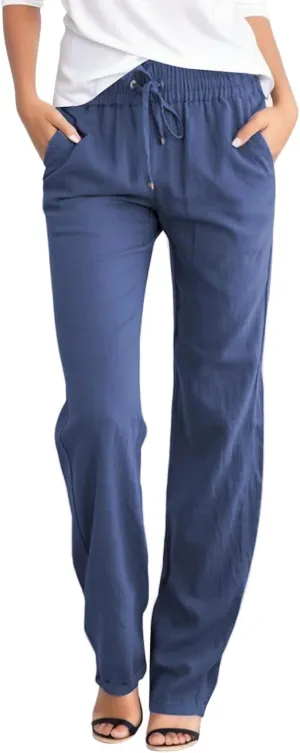 Womens Casual Linen High Waist Pants Drawstring Loose Fit Lightweight Summer Pants Trousers with Side Pockets
