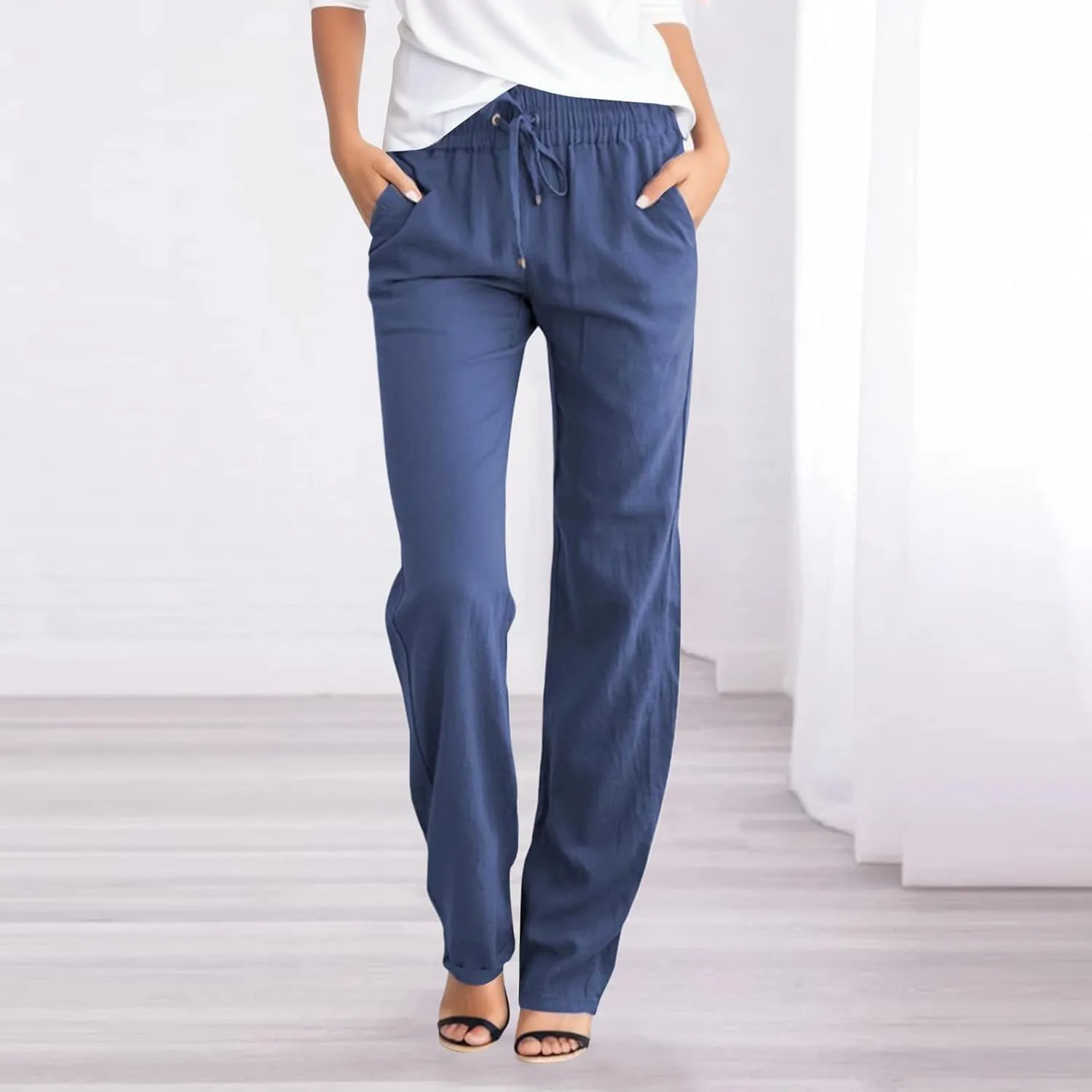 Womens Casual Linen High Waist Pants Drawstring Loose Fit Lightweight Summer Pants Trousers with Side Pockets