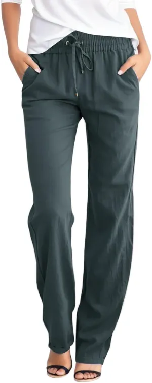 Womens Casual Linen High Waist Pants Drawstring Loose Fit Lightweight Summer Pants Trousers with Side Pockets