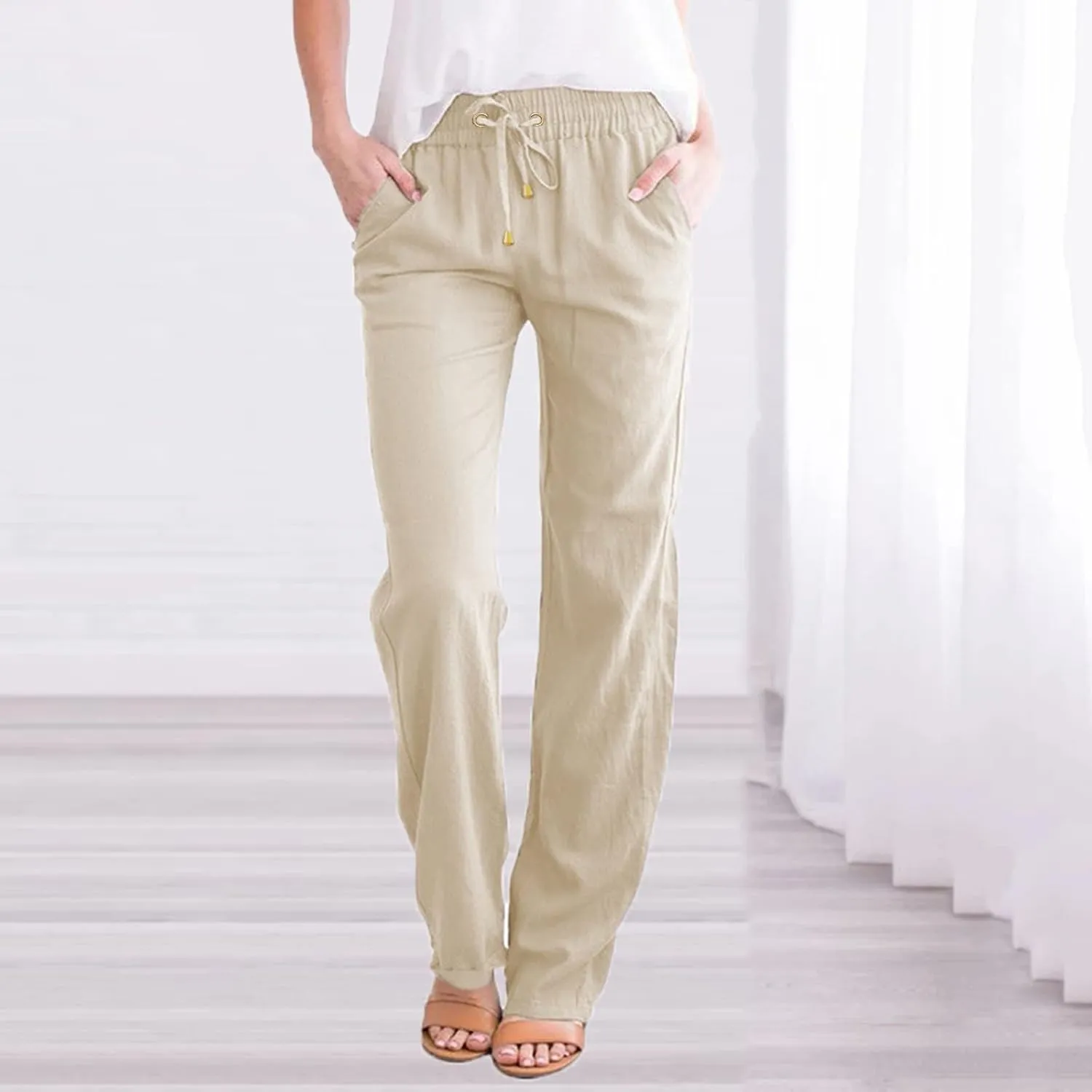 Womens Casual Linen High Waist Pants Drawstring Loose Fit Lightweight Summer Pants Trousers with Side Pockets