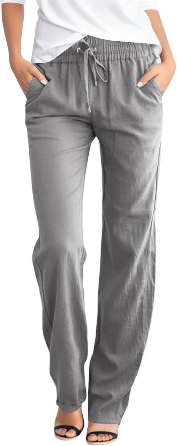 Womens Casual Linen High Waist Pants Drawstring Loose Fit Lightweight Summer Pants Trousers with Side Pockets