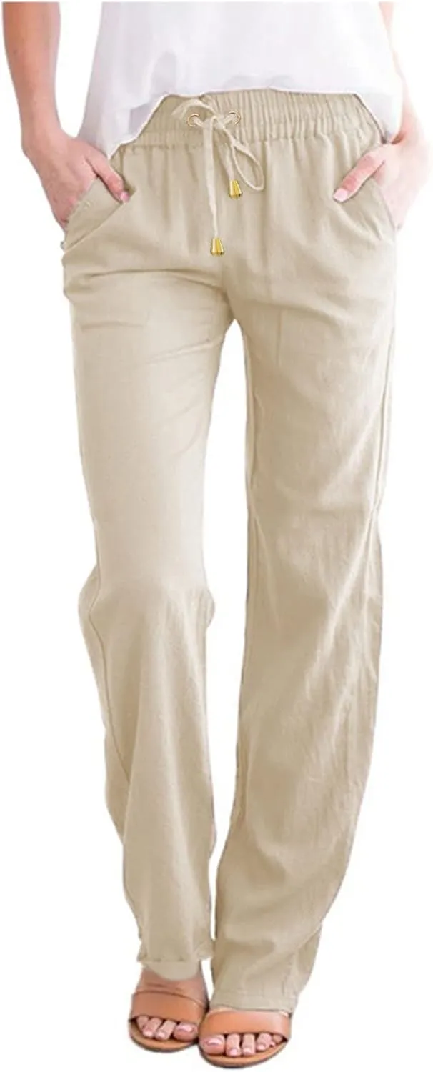 Womens Casual Linen High Waist Pants Drawstring Loose Fit Lightweight Summer Pants Trousers with Side Pockets