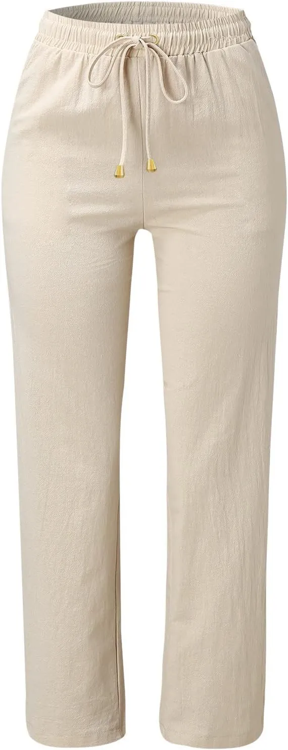 Womens Casual Linen High Waist Pants Drawstring Loose Fit Lightweight Summer Pants Trousers with Side Pockets