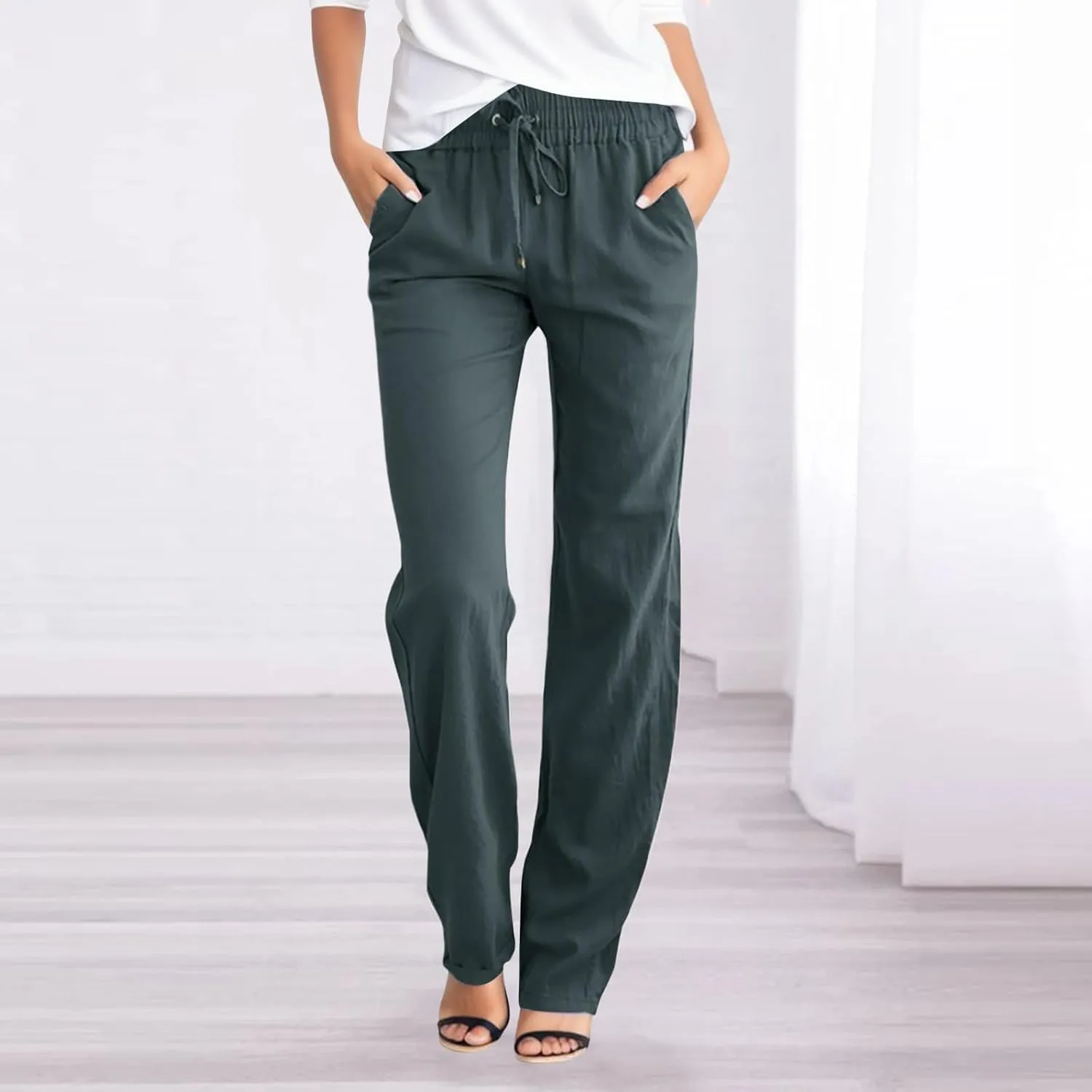 Womens Casual Linen High Waist Pants Drawstring Loose Fit Lightweight Summer Pants Trousers with Side Pockets