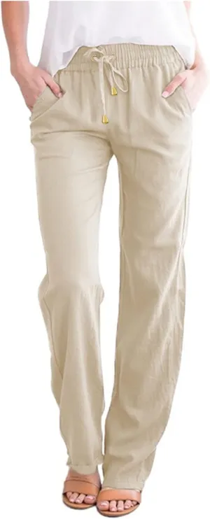 Womens Casual Linen High Waist Pants Drawstring Loose Fit Lightweight Summer Pants Trousers with Side Pockets