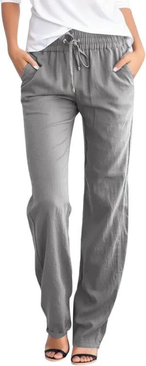 Womens Casual Linen High Waist Pants Drawstring Loose Fit Lightweight Summer Pants Trousers with Side Pockets