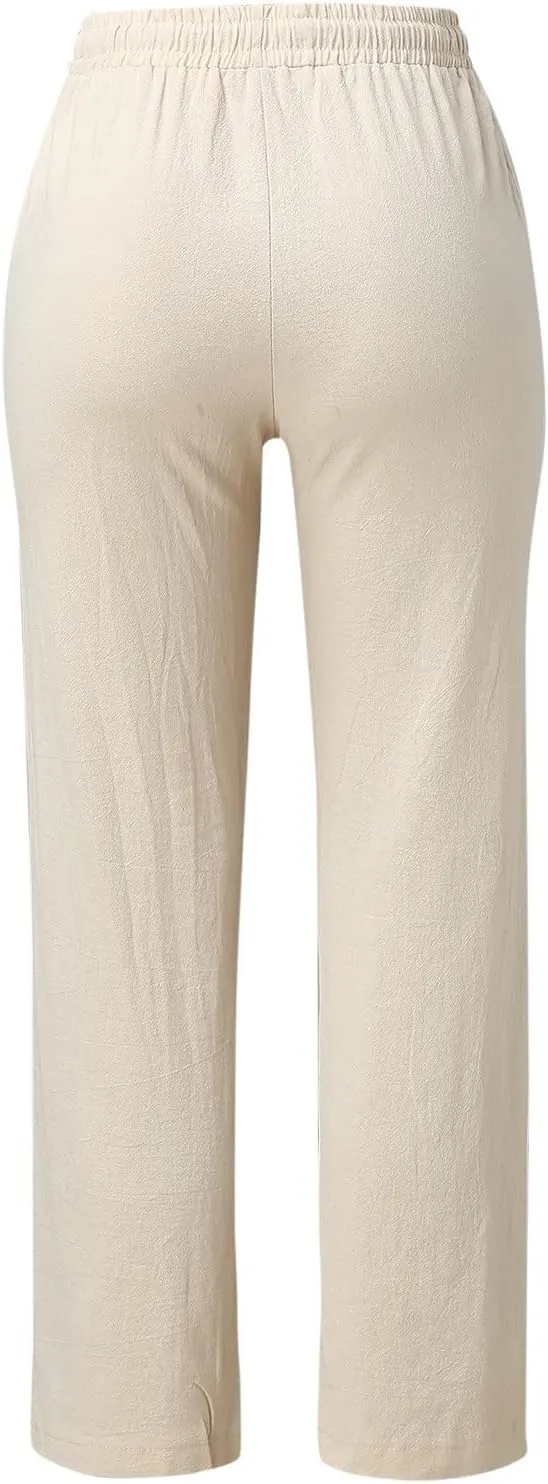 Womens Casual Linen High Waist Pants Drawstring Loose Fit Lightweight Summer Pants Trousers with Side Pockets