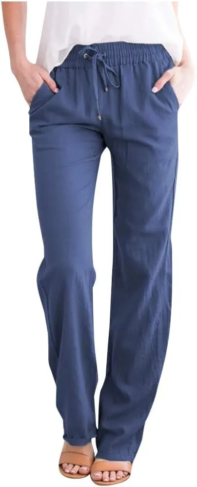 Womens Casual Linen High Waist Pants Drawstring Loose Fit Lightweight Summer Pants Trousers with Side Pockets