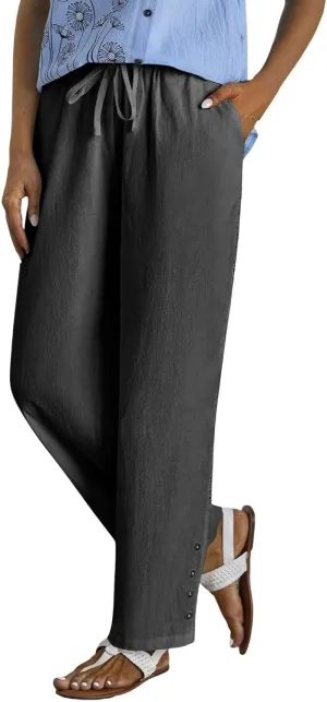 Womens Casual Linen High Waist Pants Drawstring Loose Fit Pants Trousers with Side Pockets