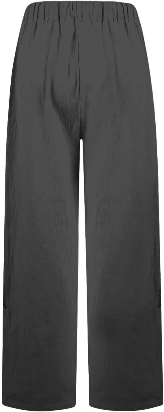 Womens Casual Linen High Waist Pants Drawstring Loose Fit Pants Trousers with Side Pockets