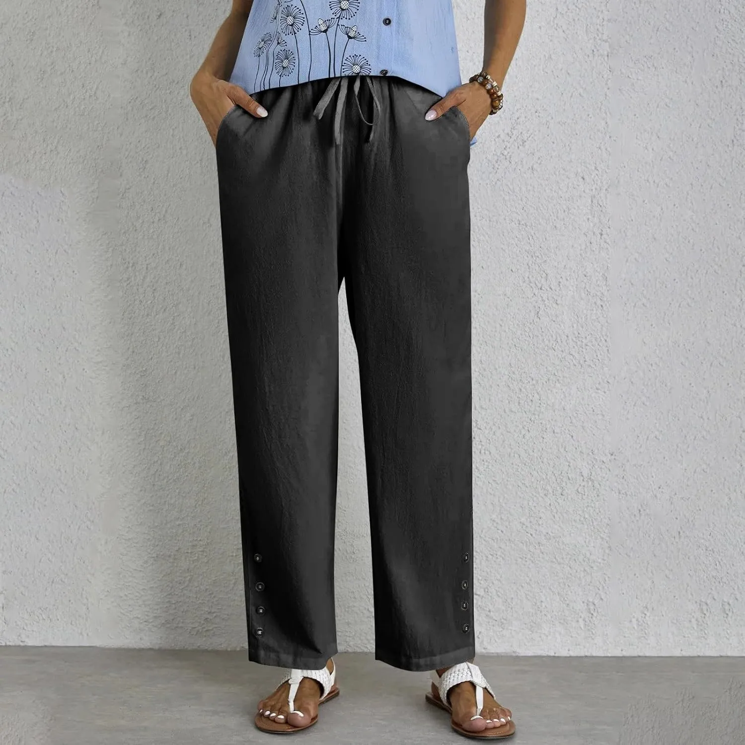 Womens Casual Linen High Waist Pants Drawstring Loose Fit Pants Trousers with Side Pockets
