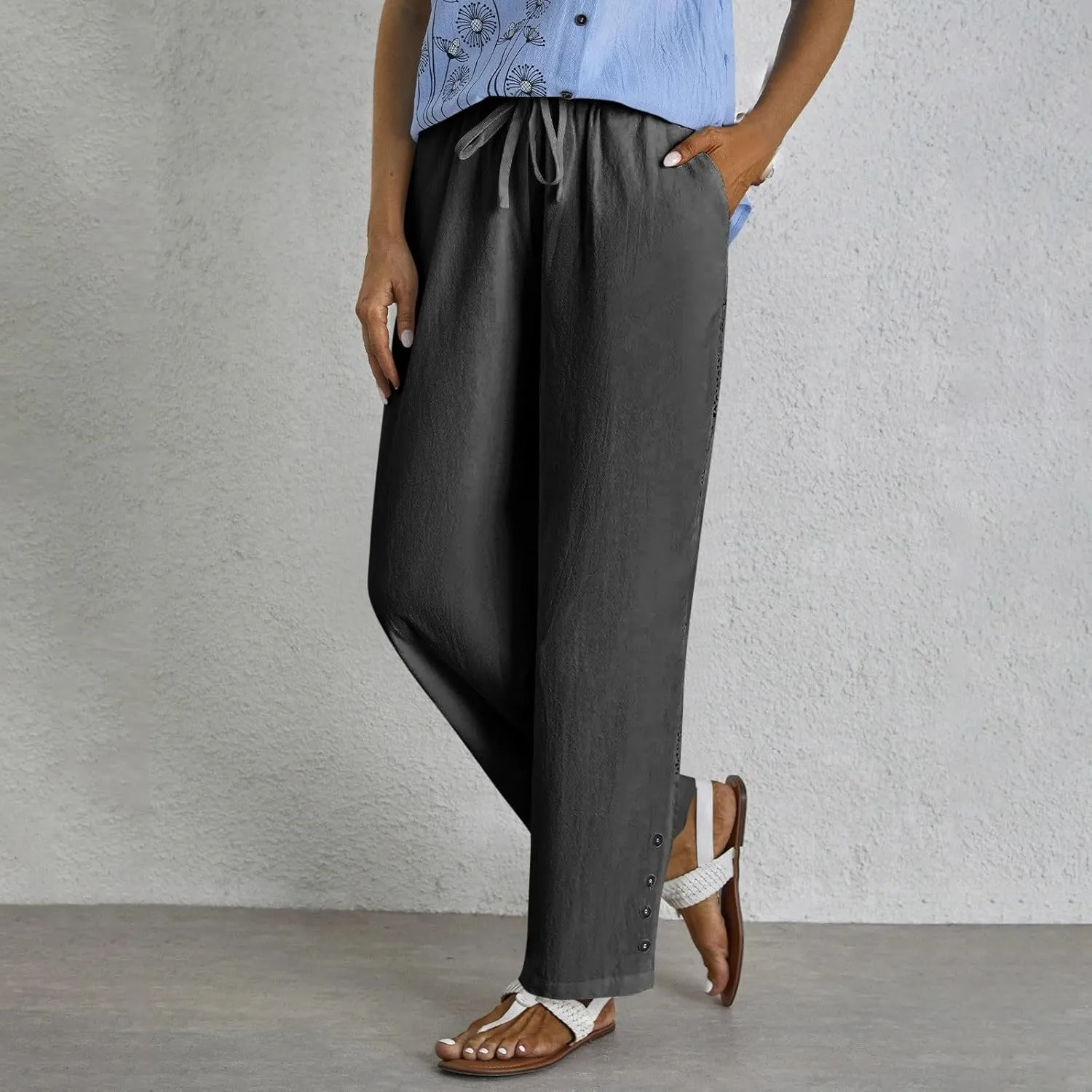 Womens Casual Linen High Waist Pants Drawstring Loose Fit Pants Trousers with Side Pockets