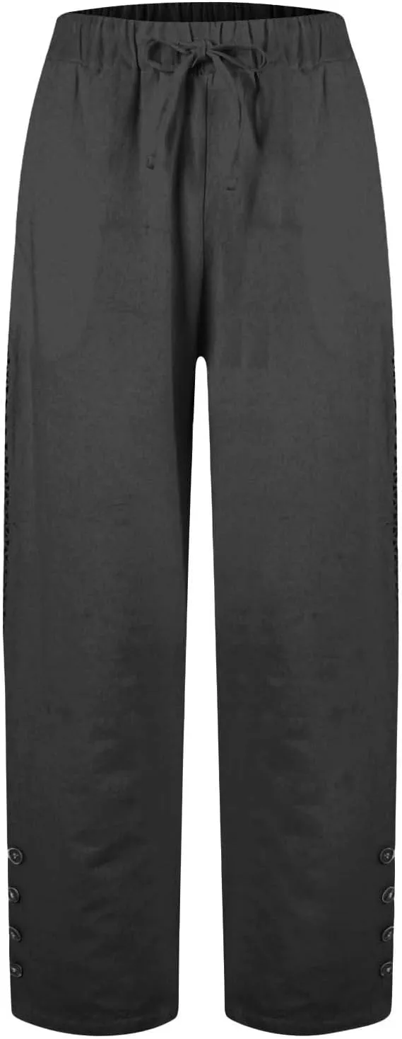 Womens Casual Linen High Waist Pants Drawstring Loose Fit Pants Trousers with Side Pockets