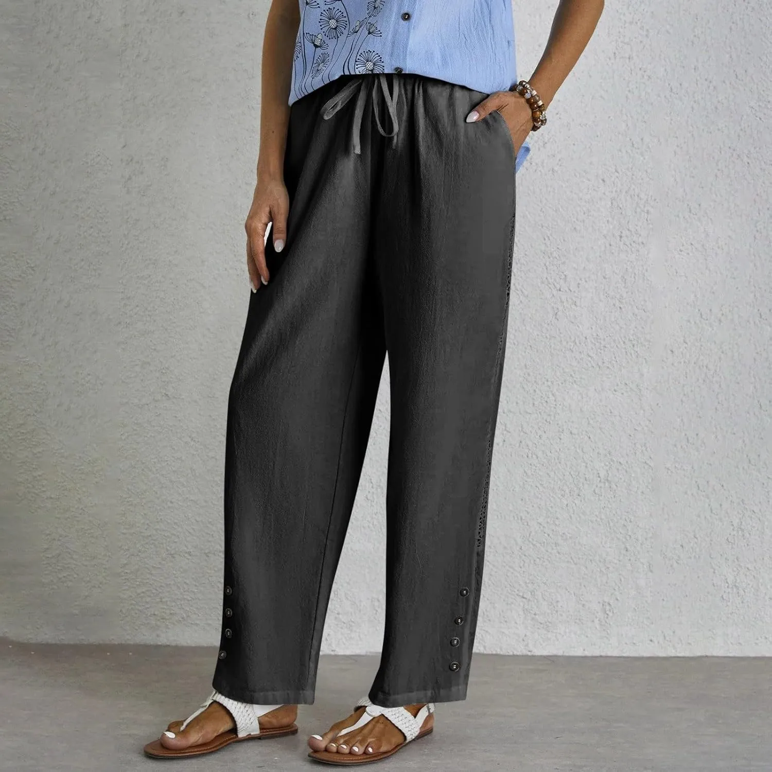 Womens Casual Linen High Waist Pants Drawstring Loose Fit Pants Trousers with Side Pockets
