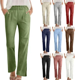Womens Casual Linen Pants Elastic High Waisted Straight Leg Pants Loose Fit Summer Lounge Dressy Trousers with Pockets