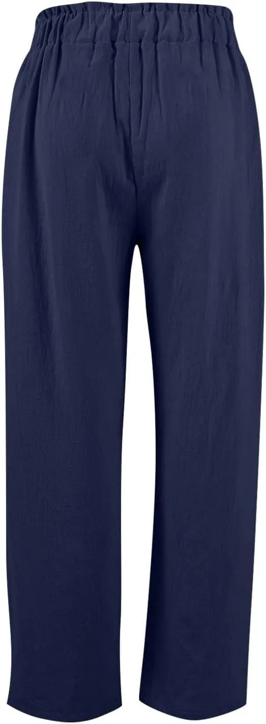 Womens Casual Linen Pants Elastic High Waisted Straight Leg Pants Loose Fit Summer Lounge Dressy Trousers with Pockets