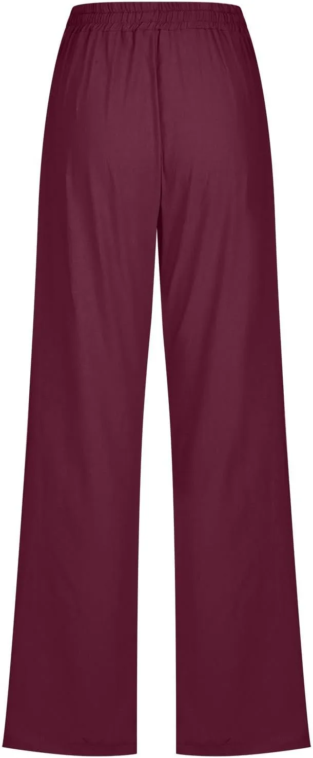 Women's Casual Linen Pants High Waisted Straight Leg Pants Summer Flowy Wide Leg Drawstring Trousers with Pockets
