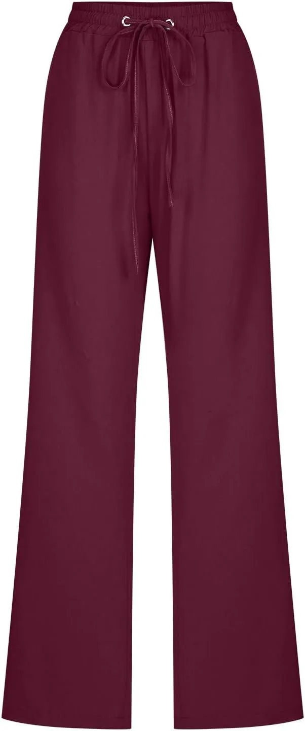 Women's Casual Linen Pants High Waisted Straight Leg Pants Summer Flowy Wide Leg Drawstring Trousers with Pockets