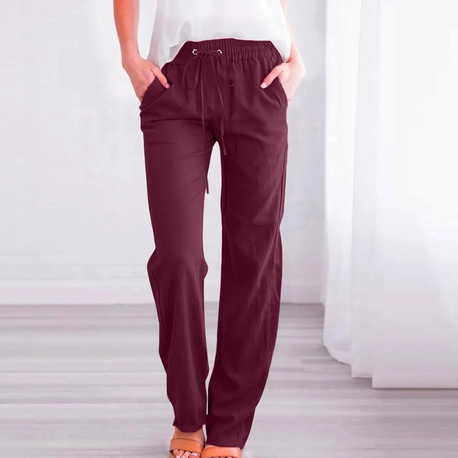 Women's Casual Linen Pants High Waisted Straight Leg Pants Summer Flowy Wide Leg Drawstring Trousers with Pockets