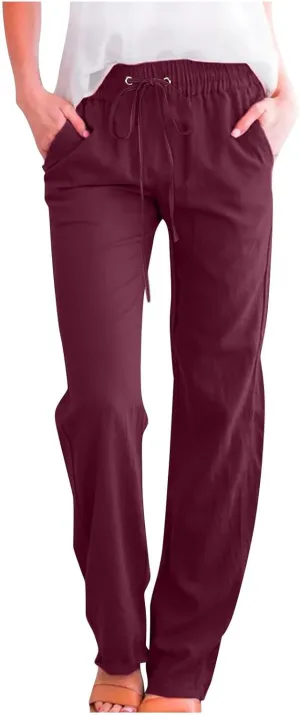 Women's Casual Linen Pants High Waisted Straight Leg Pants Summer Flowy Wide Leg Drawstring Trousers with Pockets