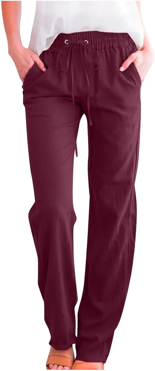Women's Casual Linen Pants High Waisted Straight Leg Pants Summer Flowy Wide Leg Drawstring Trousers with Pockets