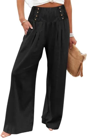 Women's Casual Long Palazzo Pants Cotton Linen Elastic High Waist Wide Leg Pant Loose Lounge Comfy Beach Trousers