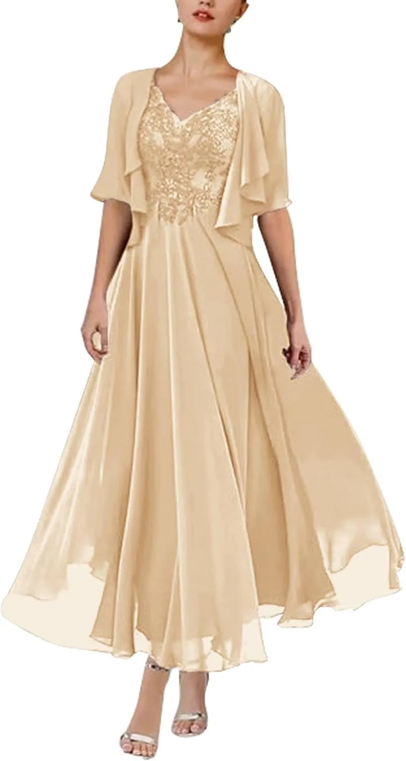 Women's Chiffon 2 Piece Mother of The Bride Dresses Tea Length Lace Applique A Line Formal Evening Dresses