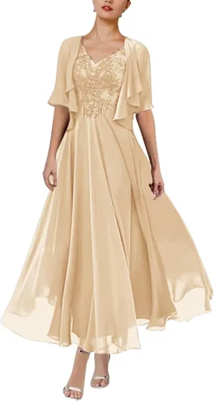 Women's Chiffon 2 Piece Mother of The Bride Dresses Tea Length Lace Applique A Line Formal Evening Dresses