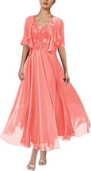 Women's Chiffon 2 Piece Mother of The Bride Dresses Tea Length Lace Applique A Line Formal Evening Dresses