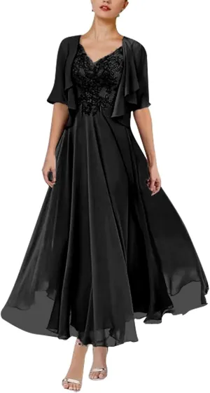 Women's Chiffon 2 Piece Mother of The Bride Dresses Tea Length Lace Applique A Line Formal Evening Dresses