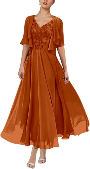 Women's Chiffon 2 Piece Mother of The Bride Dresses Tea Length Lace Applique A Line Formal Evening Dresses