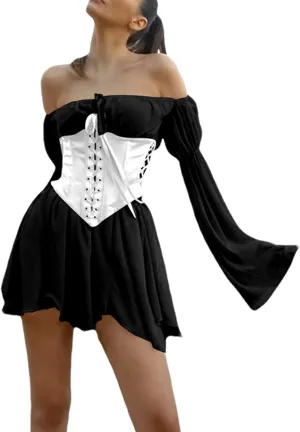 Women's Chiffon Off Shoulder Mini Dress Ruffle Lace Up Long Sleeve Flowy Mesh A-Line Short Dress Without Bustier
