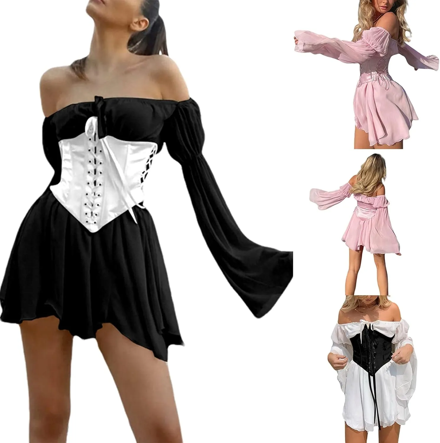 Women's Chiffon Off Shoulder Mini Dress Ruffle Lace Up Long Sleeve Flowy Mesh A-Line Short Dress Without Bustier