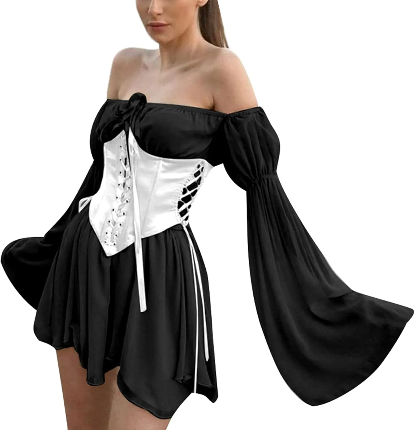 Women's Chiffon Off Shoulder Mini Dress Ruffle Lace Up Long Sleeve Flowy Mesh A-Line Short Dress Without Bustier