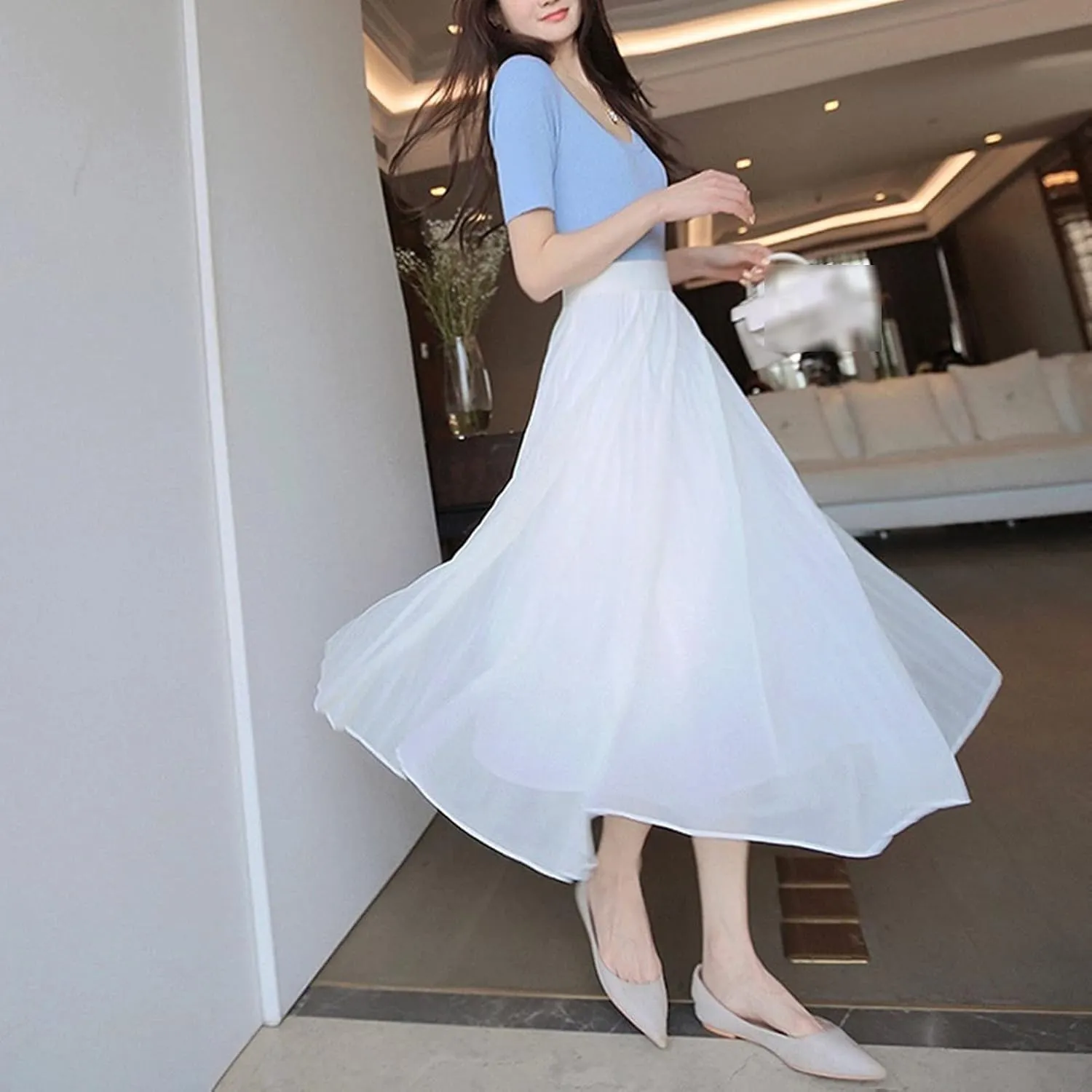 Womens Chiffon Pleated Midi Skirts High Elastic Waist Party A-Line Skirt Elegant Ruched Summer Swing Maxi Skirt