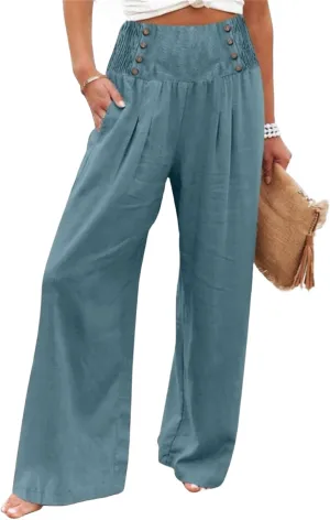 Women's Classy High Waist Double Buttons Pants Wide Leg Regular Fit Trousers with Pockets