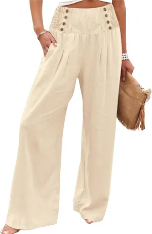 Women's Classy High Waist Double Buttons Pants Wide Leg Regular Fit Trousers with Pockets