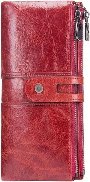 Womens Clutch Wallet Leather Checkbook Purse for Women Bifold Long Zipper Wallet Phone Card Holder (Red)