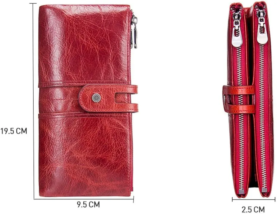 Womens Clutch Wallet Leather Checkbook Purse for Women Bifold Long Zipper Wallet Phone Card Holder (Red)