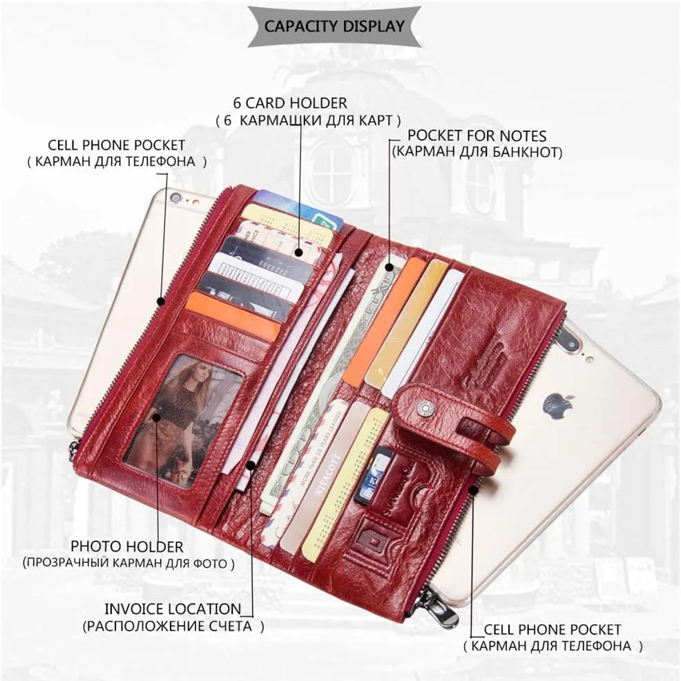 Womens Clutch Wallet Leather Checkbook Purse for Women Bifold Long Zipper Wallet Phone Card Holder (Red)