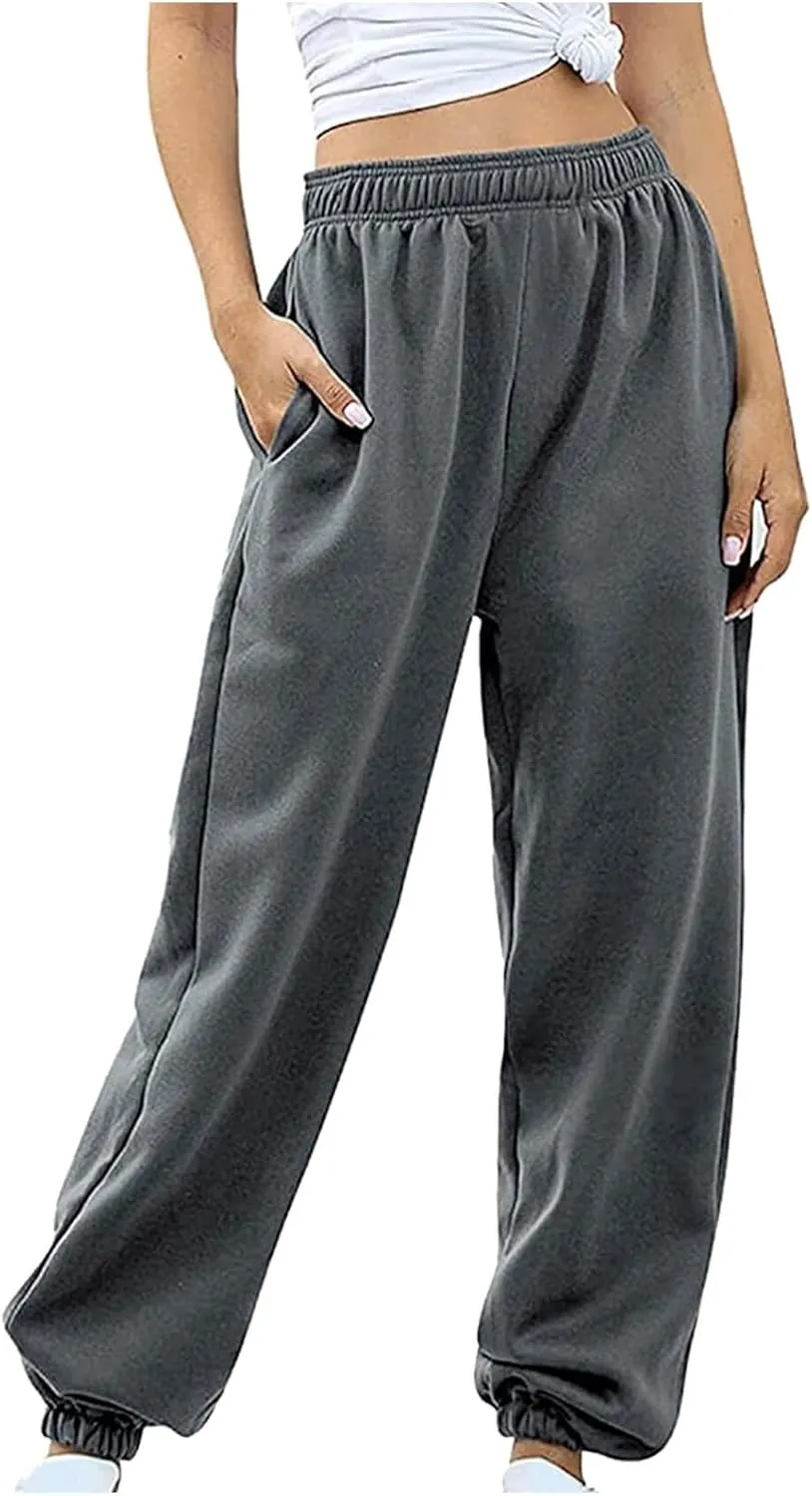 Womens Cotton Linen Jogger Pants Lightweight Elastic High Waist Trousers with Pockets Lounge Baggy Sweatpant for Yoga Gym