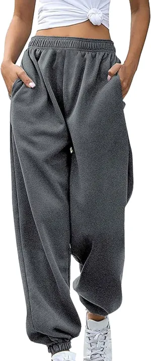 Womens Cotton Linen Jogger Pants Lightweight Elastic High Waist Trousers with Pockets Lounge Baggy Sweatpant for Yoga Gym