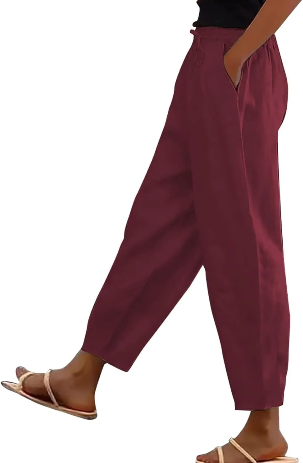 Womens Cotton Linen Palazzo Pants Drawstring Elastic Waist Casual Beach Pants Summer Wide Leg Trousers with Pockets
