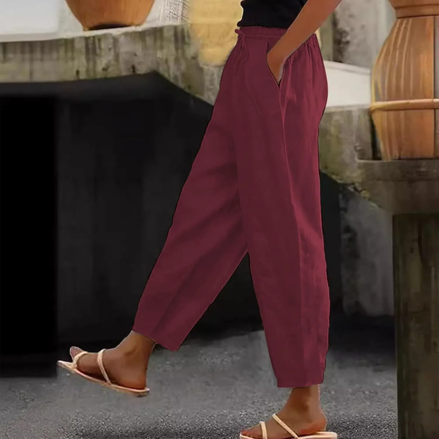 Womens Cotton Linen Palazzo Pants Drawstring Elastic Waist Casual Beach Pants Summer Wide Leg Trousers with Pockets